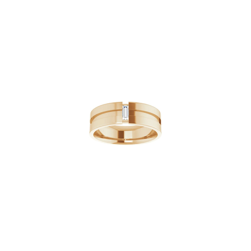 Front view of a 14k rose gold notched ring featuring a vertically set white straight baguette diamond in the center