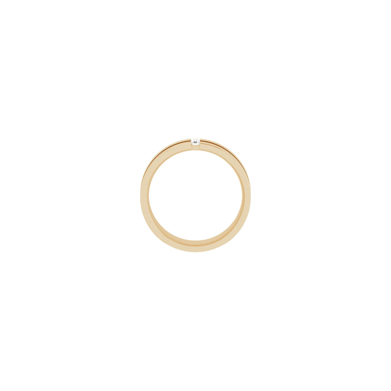 Setting view of a 14k rose gold notched ring featuring a vertically set white straight baguette diamond in the center