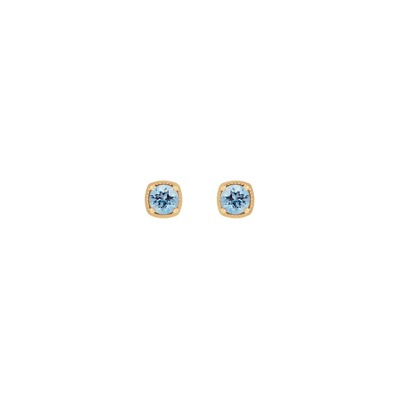 Round Aquamarine Beaded Cushion Setting Earrings (Rose 14K) front - Popular Jewelry - New York