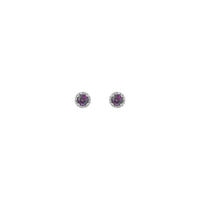 Front view of a pair of 14K white gold white Diamond halo setting earrings featuring a round Alexandrite center gemstone