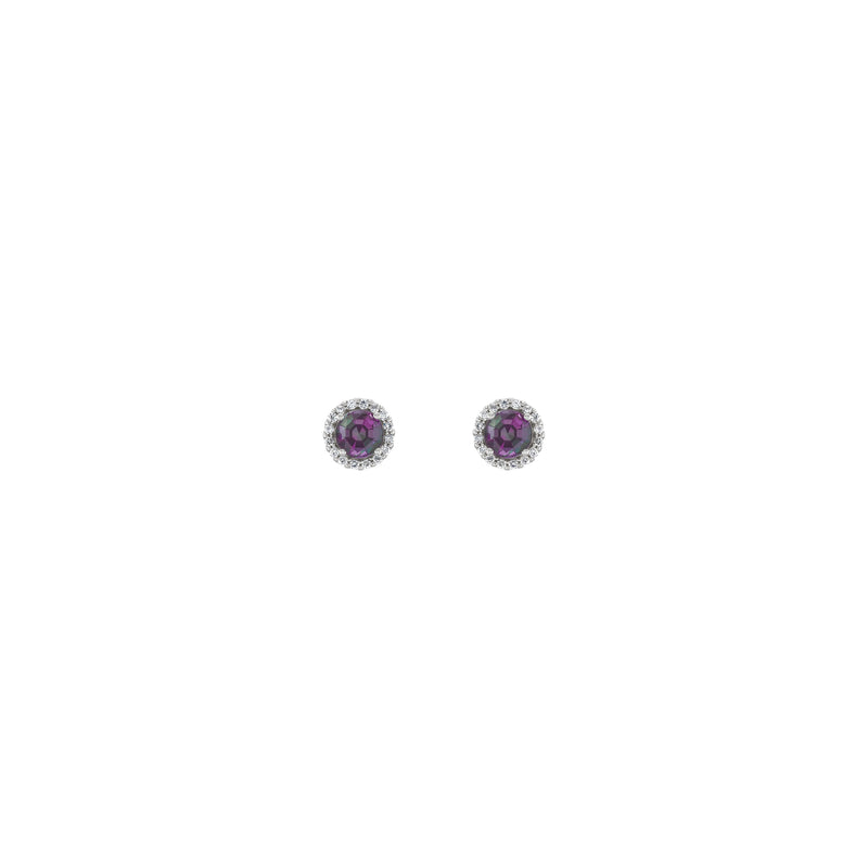 Front view of a pair of 14K white gold white Diamond halo setting earrings featuring a round Alexandrite center gemstone