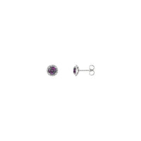 Front and side view of a pair of 14K white gold white Diamond halo setting earrings featuring a round Alexandrite center gemstone