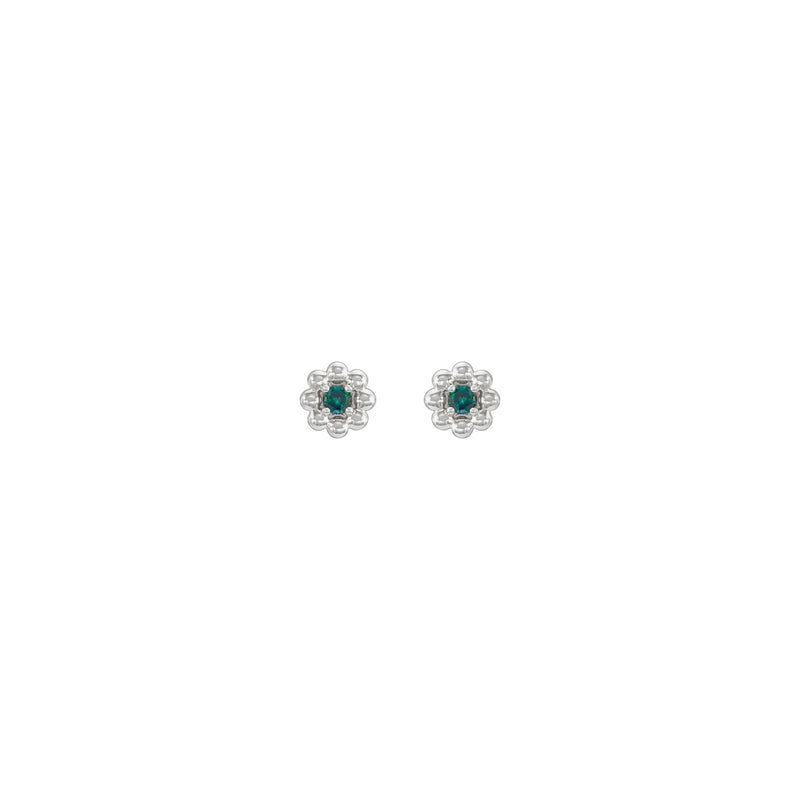 Front view of a pair of 14K white gold flower earrings featuring a round Alexandrite center gemstone