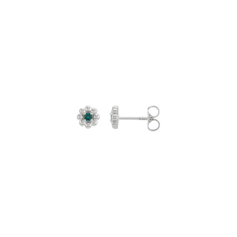 Front and side view of a pair of 14K white gold flower earrings featuring a round Alexandrite center gemstone