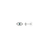 Front and side view of a pair of 14k white gold eye stud earrings featuring a round alexandrite gemstone as the iris of the eye. Round white sapphire gemstones complement the look by bordering the outline of the eyes.