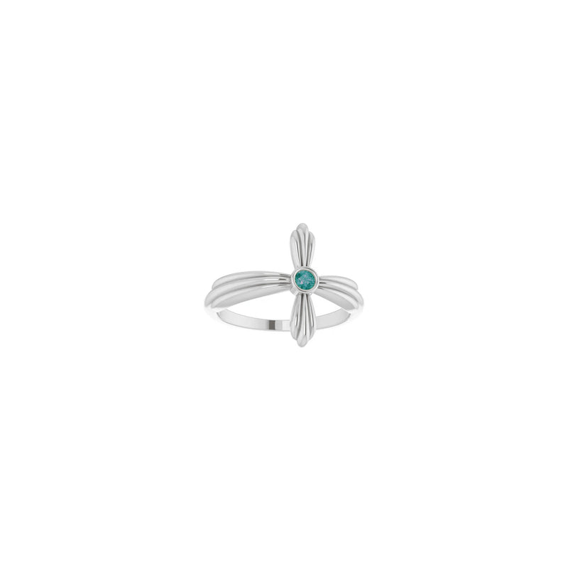 Front view of 14K white gold Sideways Ribbed Cross Ring featuring a Natural Alexandrite in its center