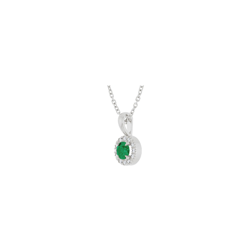 Natural Round Emerald and Diamond Halo Necklace (White 14K) diagonal - Popular Jewelry - New York