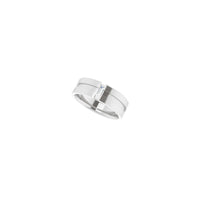 Diagonal view of a 14k white gold notched ring featuring a vertically set white straight baguette diamond in the center