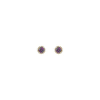 Front view of a pair of 14K rose gold white Diamond halo setting earrings featuring a round Alexandrite center gemstone