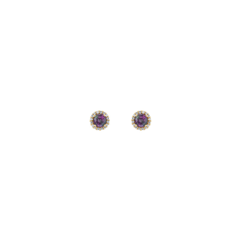 Front view of a pair of 14K rose gold white Diamond halo setting earrings featuring a round Alexandrite center gemstone
