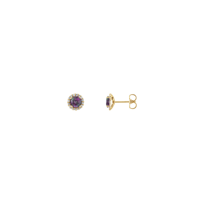 Front and side view of a pair of 14K rose gold white Diamond halo setting earrings featuring a round Alexandrite center gemstone