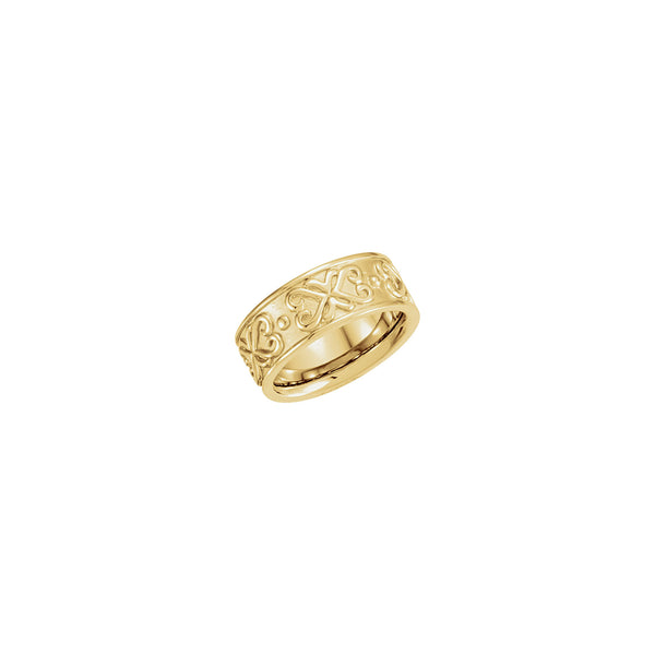 Front view of a ring made in 14k yellow gold featuring Etruscan style patterns