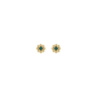 Front view of a pair of 14K yellow gold flower earrings featuring a round Alexandrite center gemstone