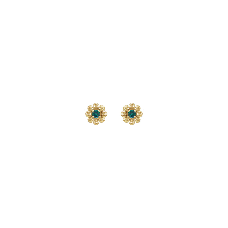 Front view of a pair of 14K yellow gold flower earrings featuring a round Alexandrite center gemstone