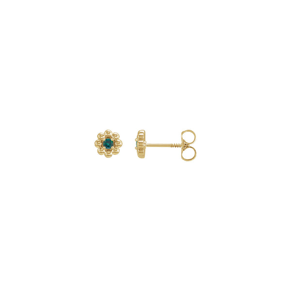 Front and side view of a pair of 14K yellow gold flower earrings featuring a round Alexandrite center gemstone