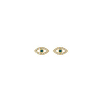 Front view of a pair of 14k yellow gold eye stud earrings featuring a round alexandrite gemstone as the iris of the eye. Round white sapphire gemstones complement the look by bordering the outline of the eyes.