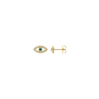 Front and side view of a pair of 14k yellow gold eye stud earrings featuring a round alexandrite gemstone as the iris of the eye. Round white sapphire gemstones complement the look by bordering the outline of the eyes.