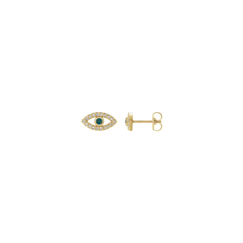 Front and side view of a pair of 14k yellow gold eye stud earrings featuring a round alexandrite gemstone as the iris of the eye. Round white sapphire gemstones complement the look by bordering the outline of the eyes.