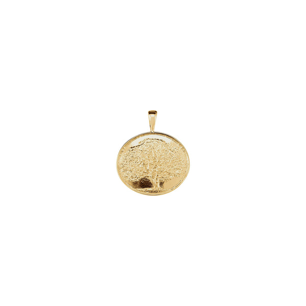 Front view of a 14K yellow gold Heartprint Oak Tree Round Pendant