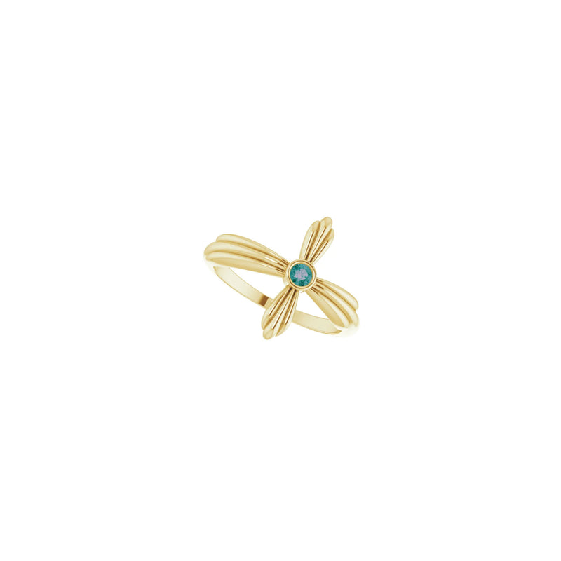 Diagonal view of 14K yellow gold Sideways Ribbed Cross Ring featuring a Natural Alexandrite in its center