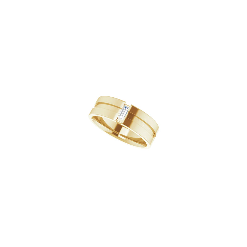Diagonal view of a 14k yellow gold notched ring featuring a vertically set white straight baguette diamond in the center