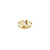 Front view of a 14k yellow gold notched ring featuring a vertically set white straight baguette diamond in the center