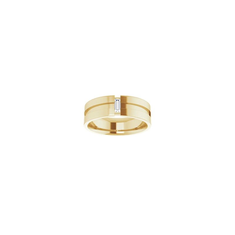 Front view of a 14k yellow gold notched ring featuring a vertically set white straight baguette diamond in the center