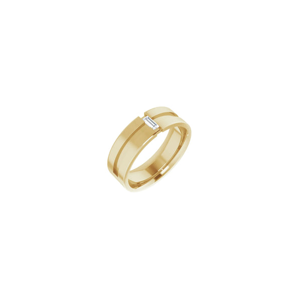 Main view of a 14k yellow gold notched ring featuring a vertically set white straight baguette diamond in the center