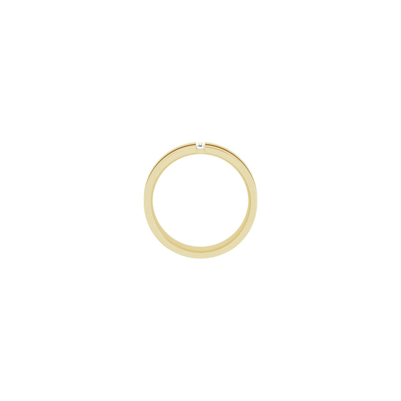 Setting view of a 14k yellow gold notched ring featuring a vertically set white straight baguette diamond in the center