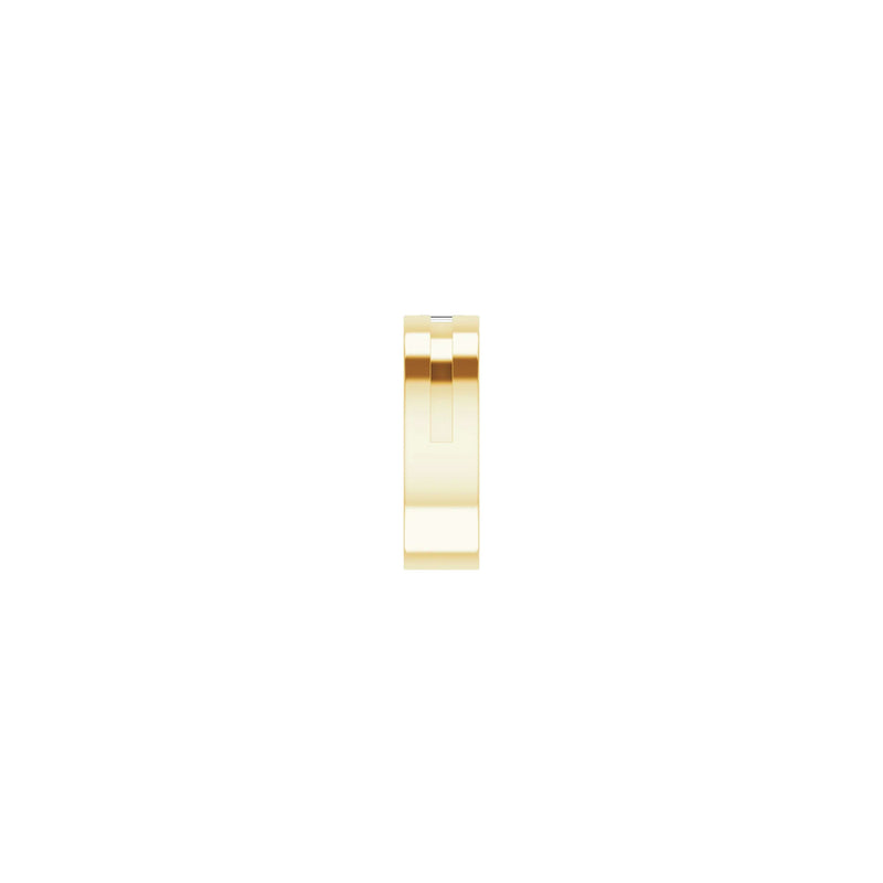 Side view of a 14k yellow gold notched ring featuring a vertically set white straight baguette diamond in the center