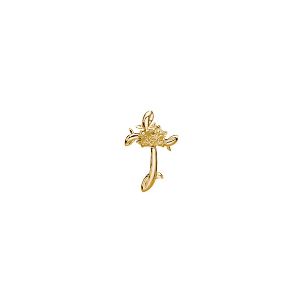 Front view of a 14K yellow gold Rose Vine Cross Pendant