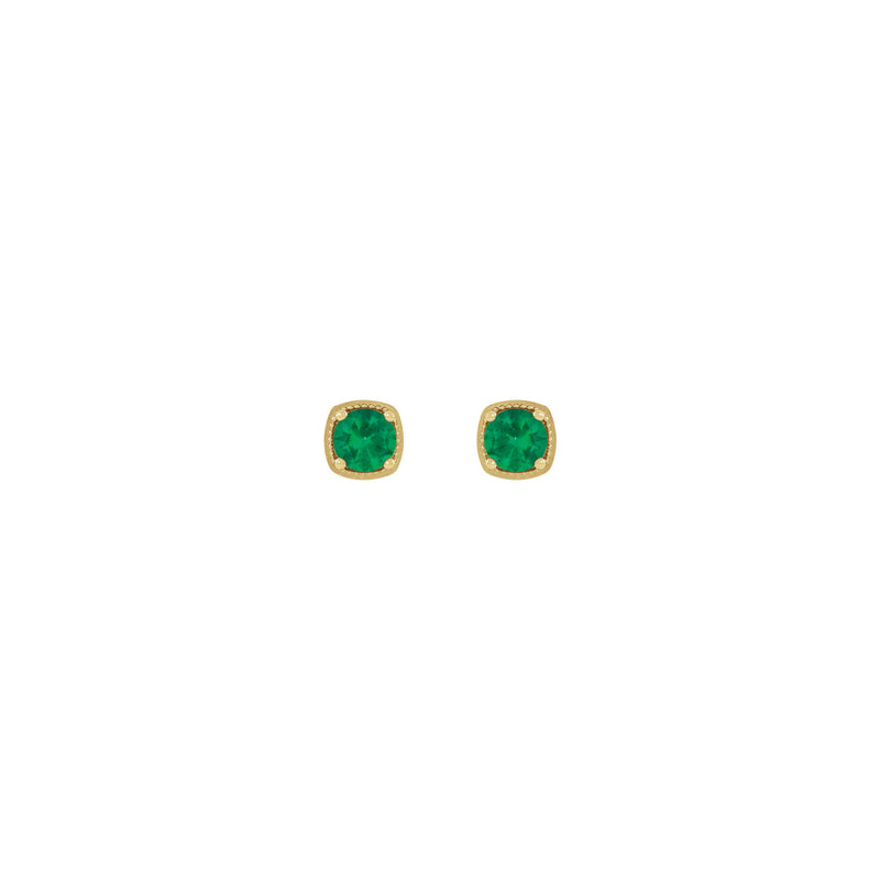 Round Emerald Beaded Cushion Setting Earrings (Rose 14K) front - Popular Jewelry - New York
