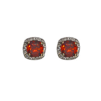 [Two-Tone] Garnet & Diamond Square Stud Earrings (14K)