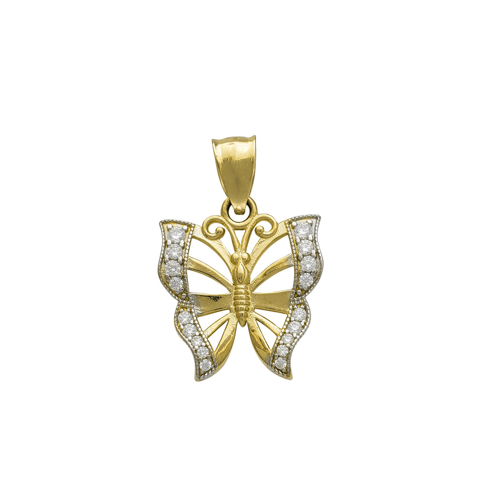 Zirconia Outlined Milgrain Butterfly Pendant (14K)