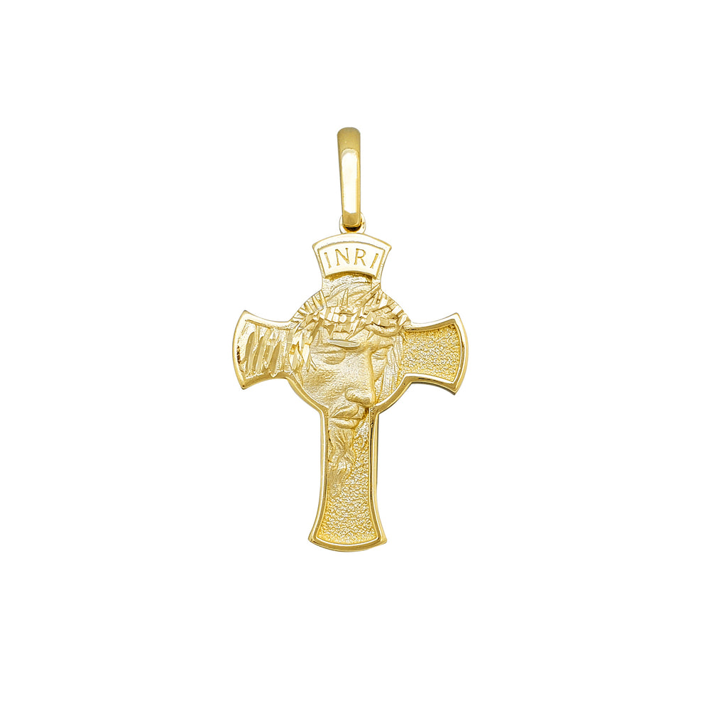 Textured Diamond cuts-Matte Jesus Head Cross Pendant (14K)