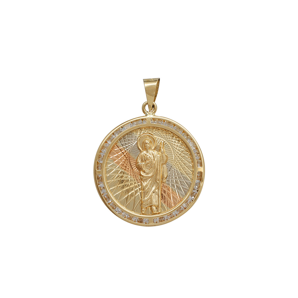 Tricolor Zirconia Regal Round Saint Jude Round Pendant (14K)