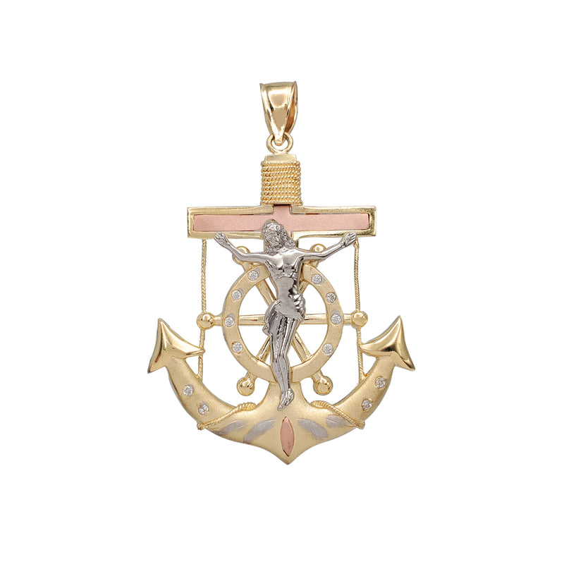 Tricolor CZ Jesus Crucified Anchor Pendant (14K)