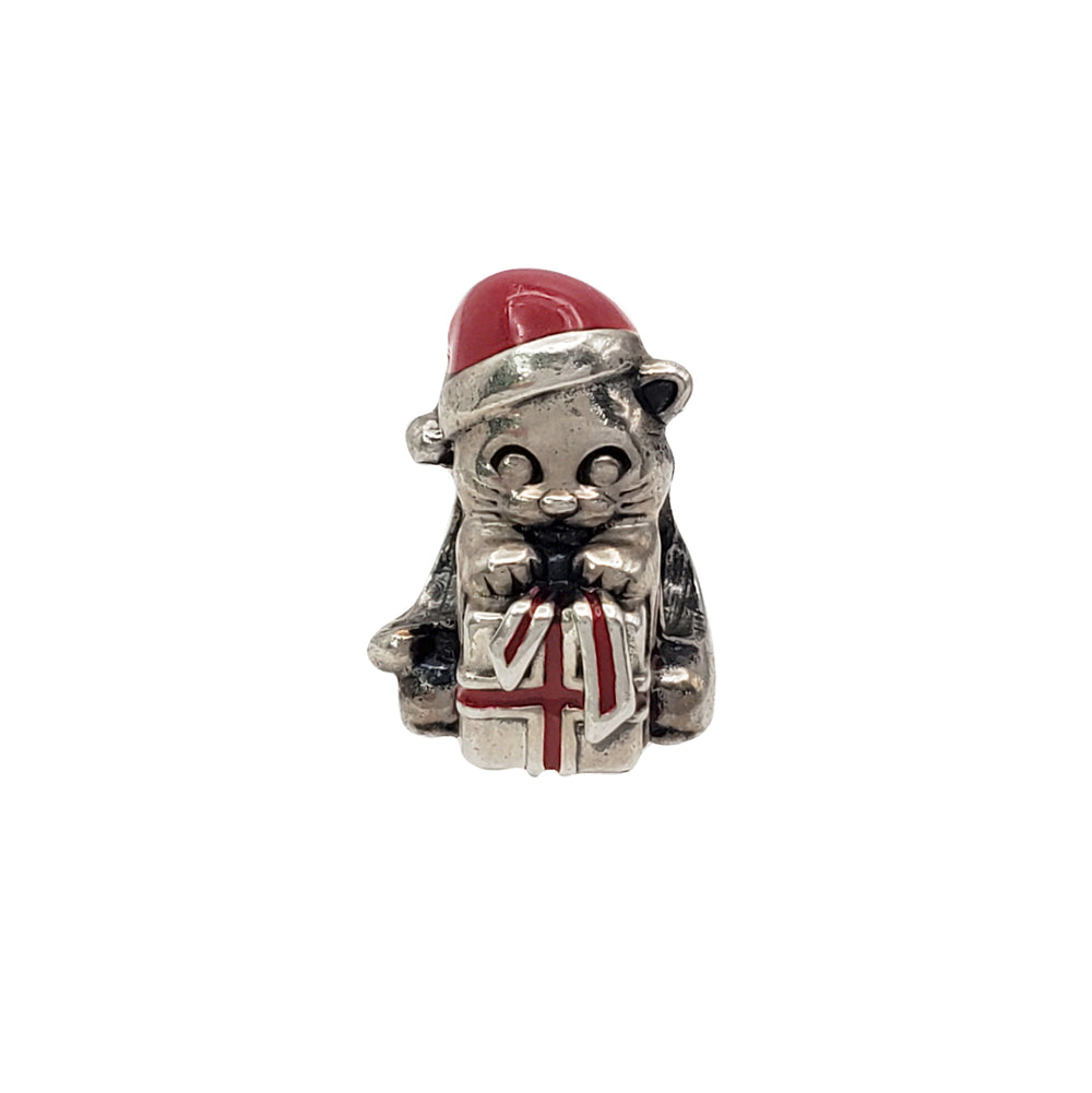 Enamel Christmas Cat Charm for Bracelet (Silver)