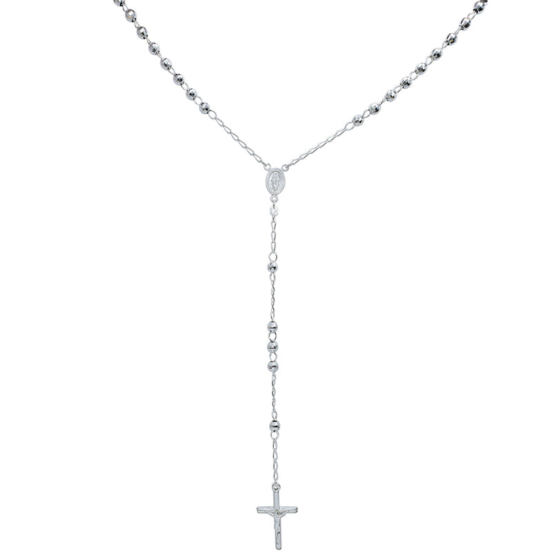 [4.9mm] Disco-Beads Virgin Mary Crucifix Rosary Necklace (Silver)