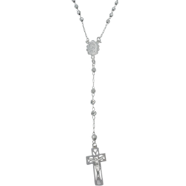 [3.9mm] Glossy Virgin Mary Crucifix Rosary Necklace (Silver)