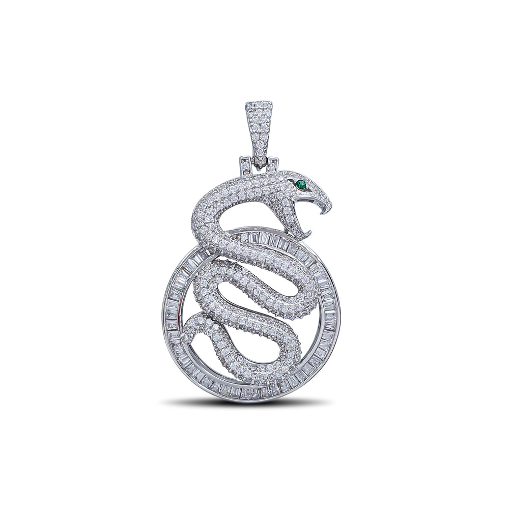 Iced-Out Halo Channel-Set Green-Eye Snake Pendant (Silver)