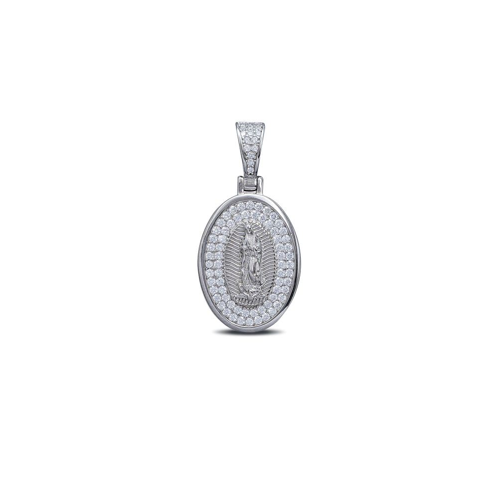 Zirconia Pave Oval Virgin Mary Pendant (Silver)