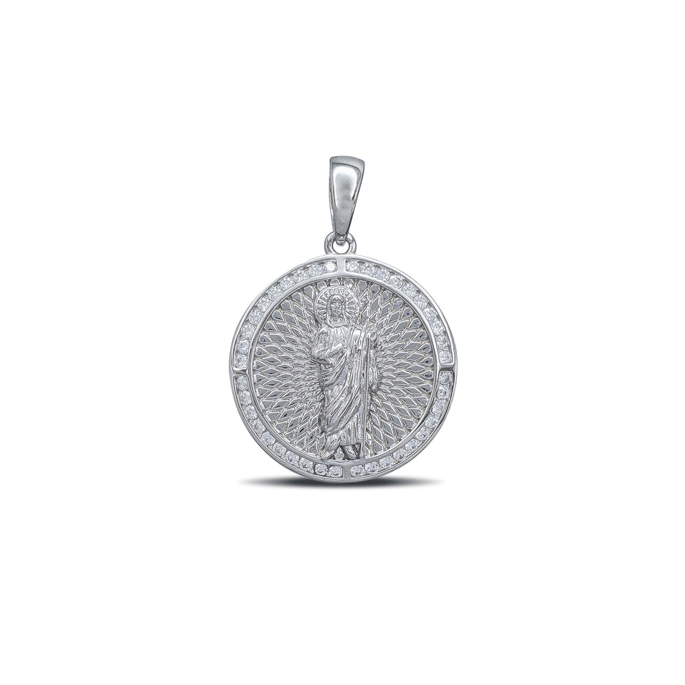 Zirconia Textured Halo Saint Jude Pendant (Silver)