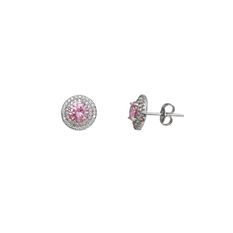 Pink Zirconia Halo Round Stud Earrings (Silver)