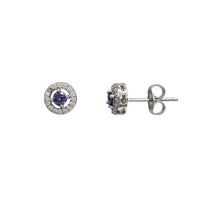 Blue Zirconia Halo Round Stud Earrings (Silver)