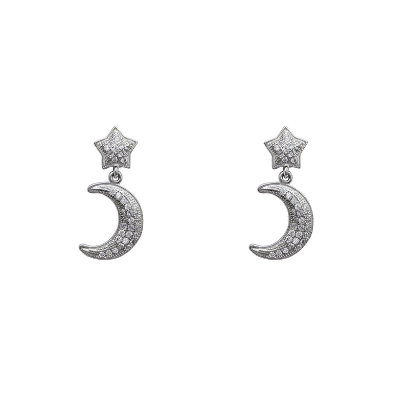 Zirconia Moon & Star Stud Dangling Earrings (Silver)