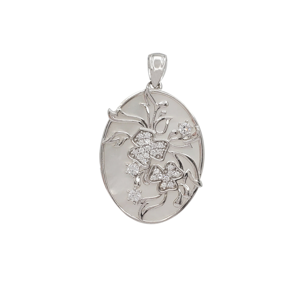Zirconia Flower Oval Shaped Pendant (Silver)