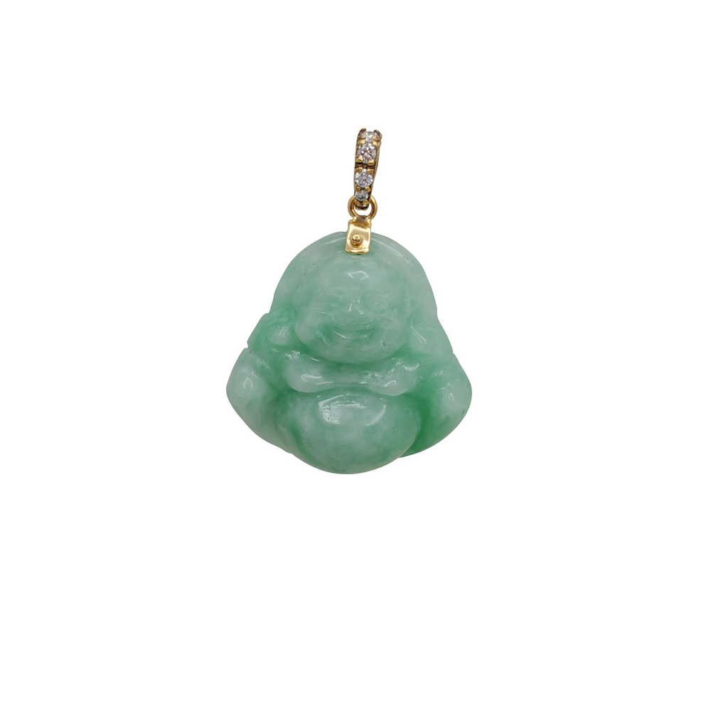 Diamond Light Green Jade Laughing Buddha Pendant (14K)