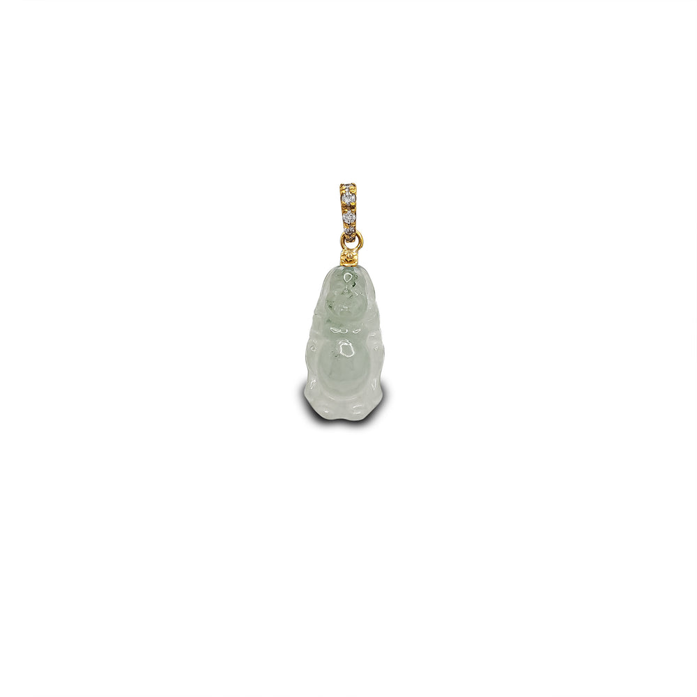 Diamond Elongated Laughing Buddha Jade Pendant (14K)
