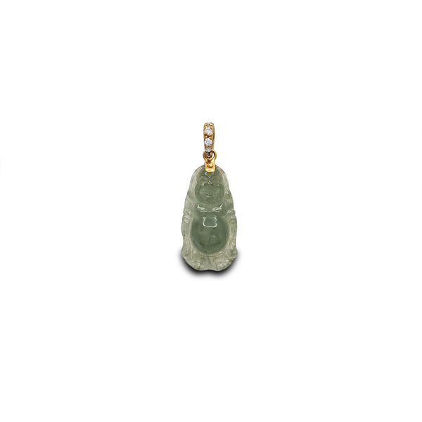 Diamond Elongated Laughing Buddha Jade Pendant (14K)